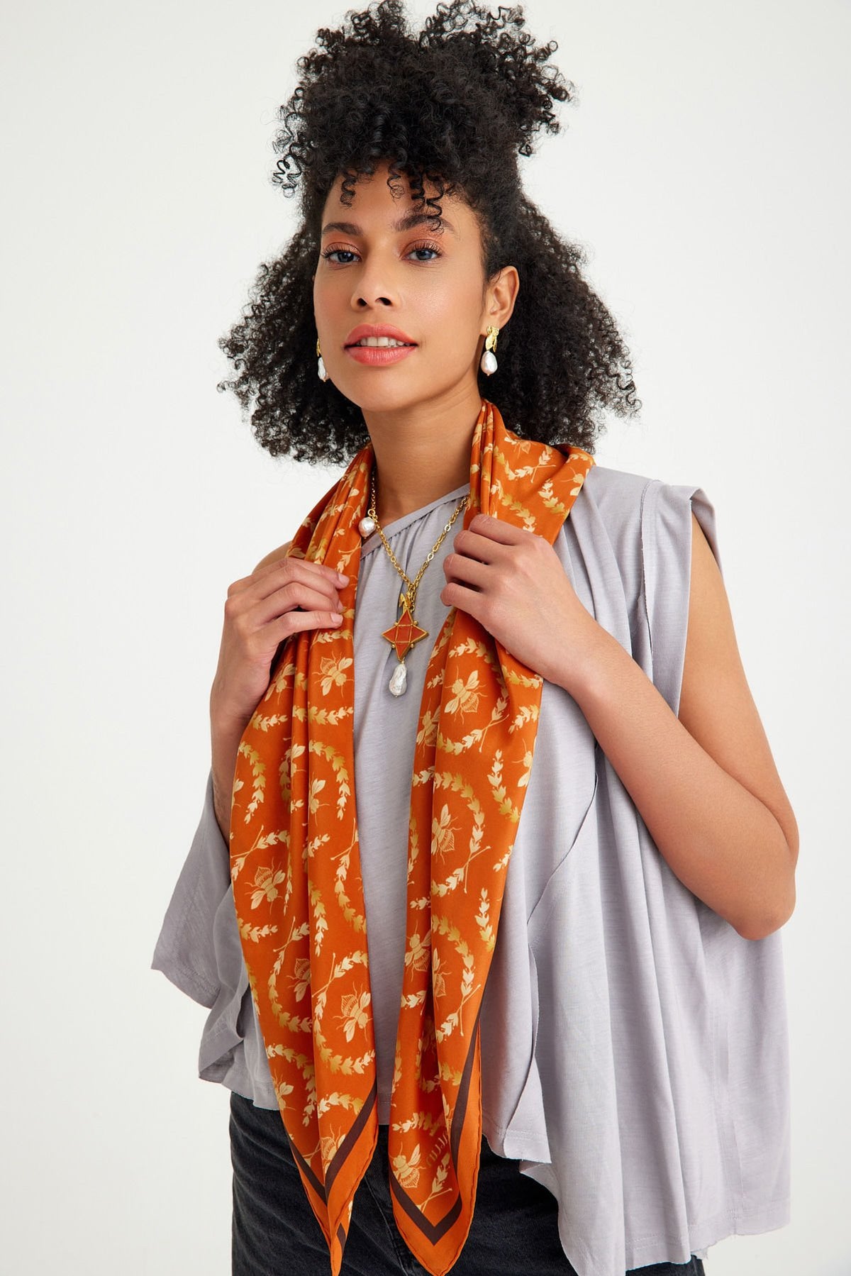 Mono Mara Orange Silk Scarf - 105 X 105 Cm
