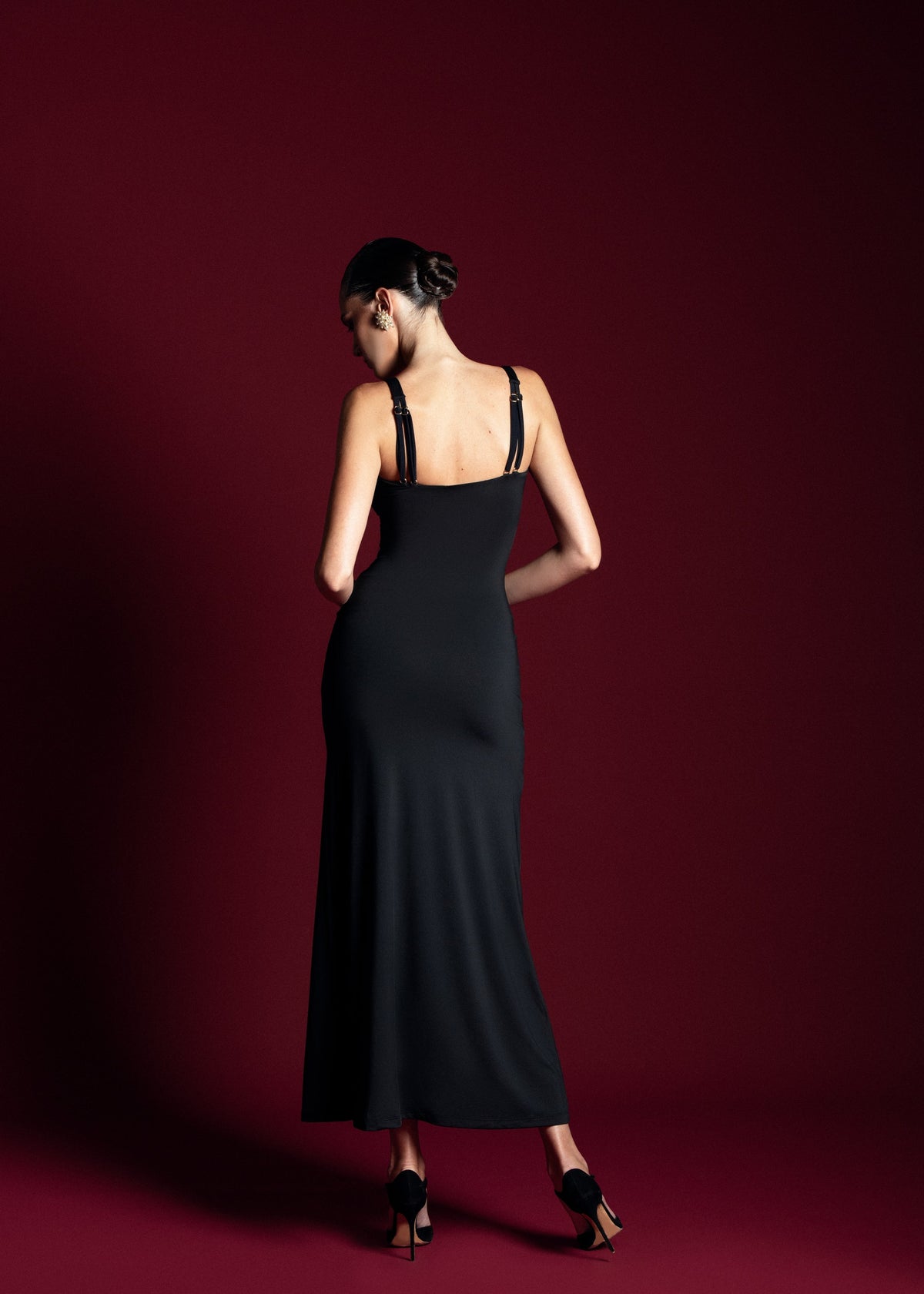Faux-Pearl Button Embellished Dress - Black