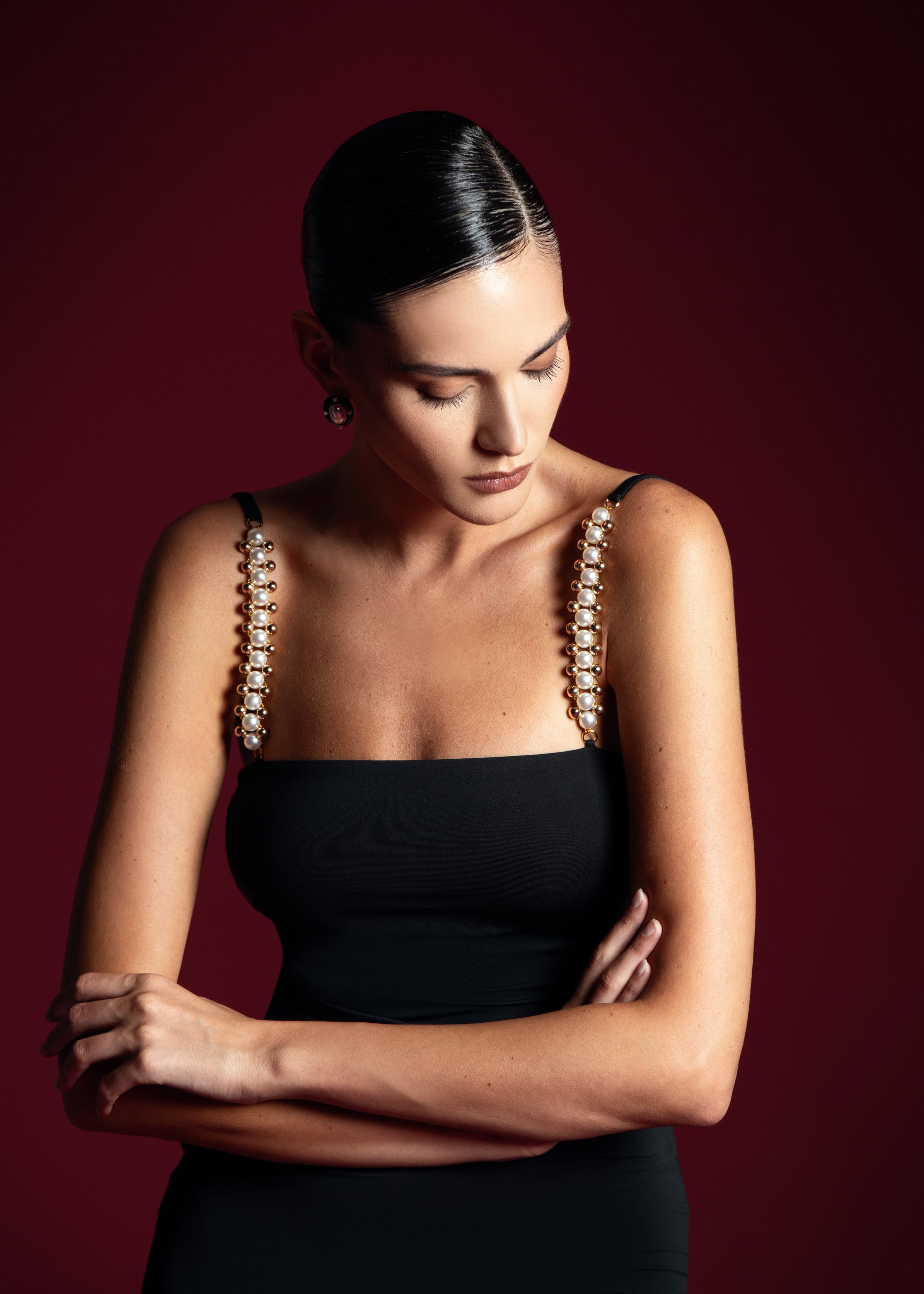 Faux-Pearl Embellished Strapless Dress - Black