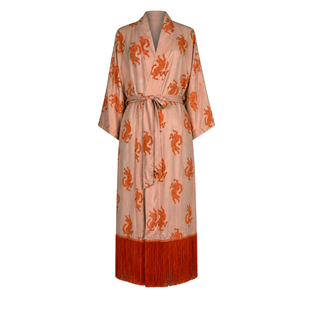 Panthera Coral Silk Kimono Tasselled