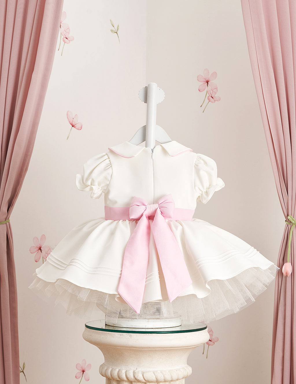 Pink Button Detail White Ribbed Dress