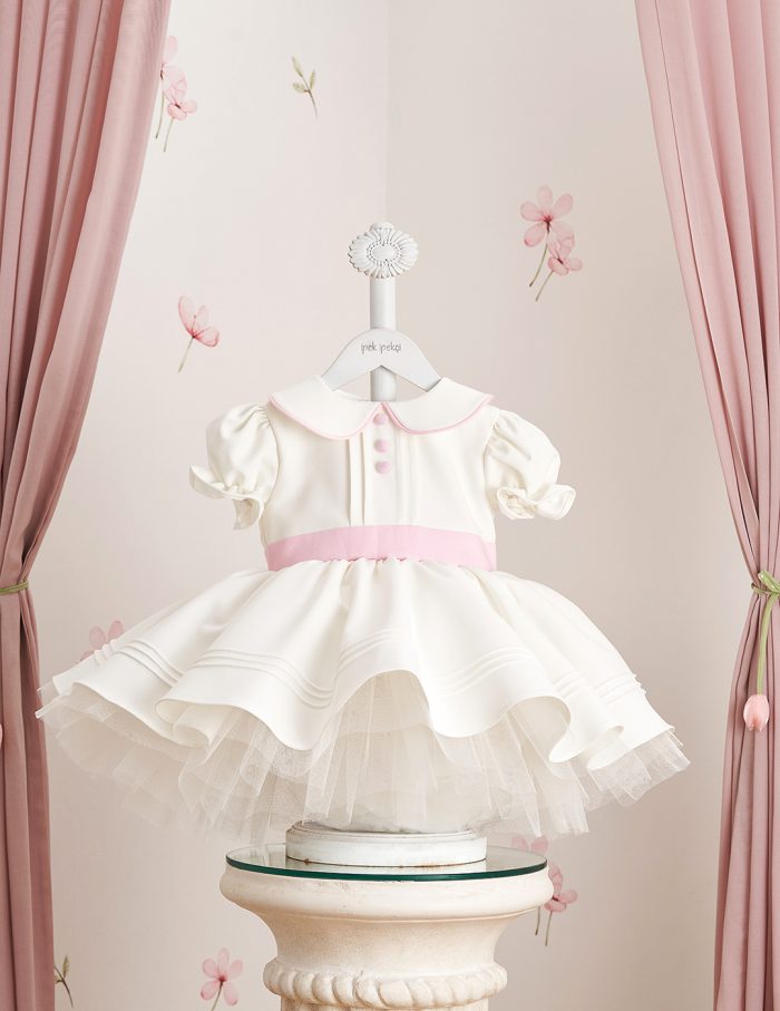 Pink Button Detail White Ribbed Dress