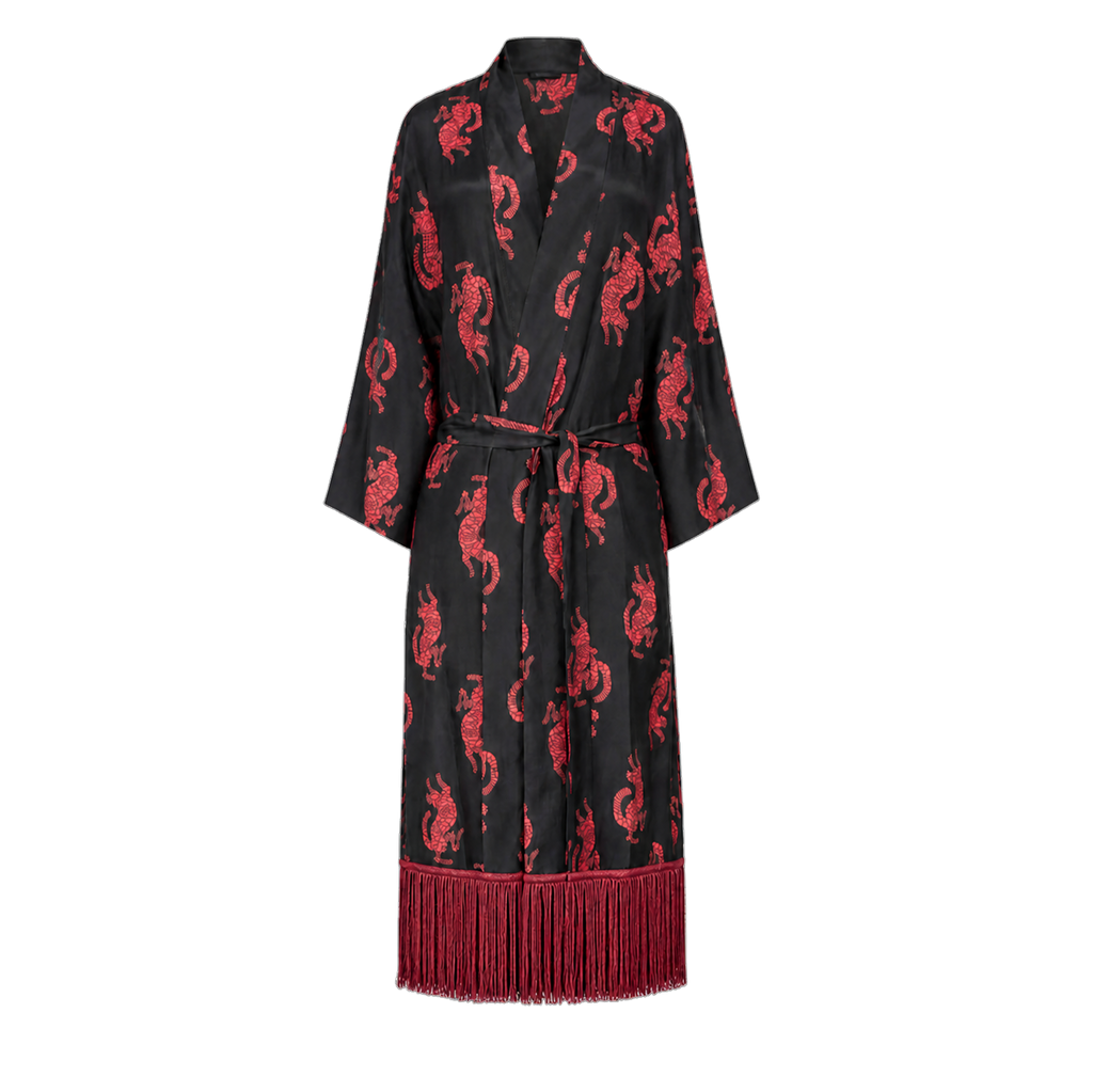 Panthera Burgundy Silk Kimono Tasselled