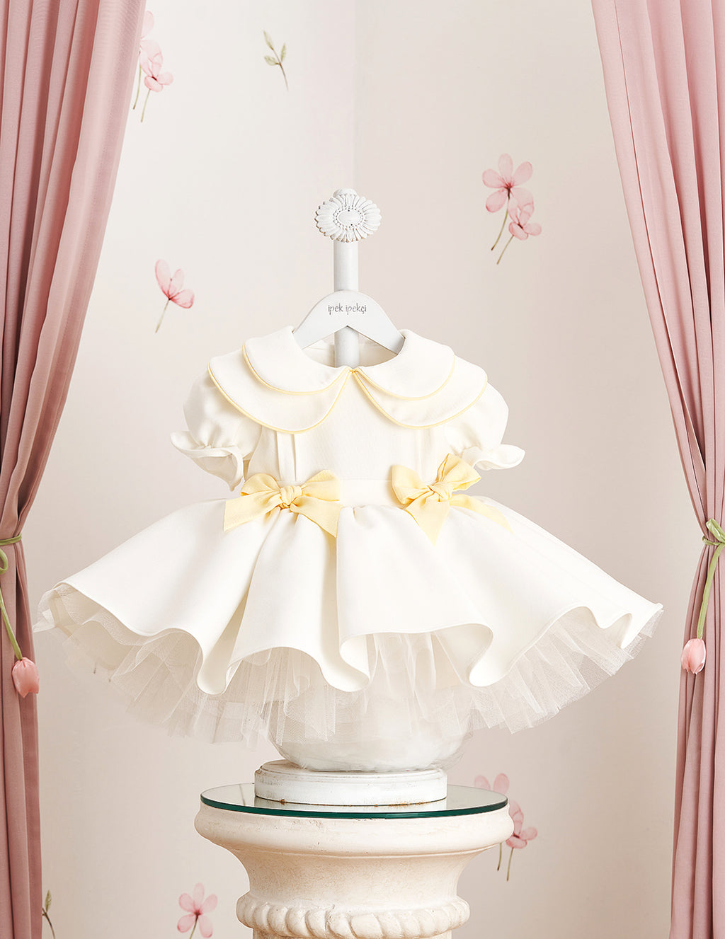 Yellow Detail Double Bow & Peter Pan Collar Embroidered Dress