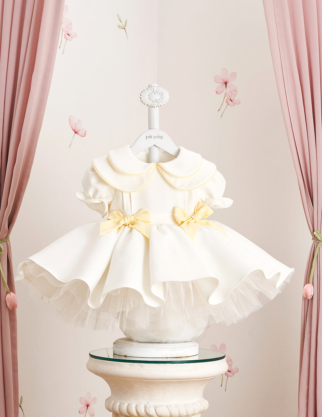 Yellow Detail Double Bow & Peter Pan Collar Embroidered Dress