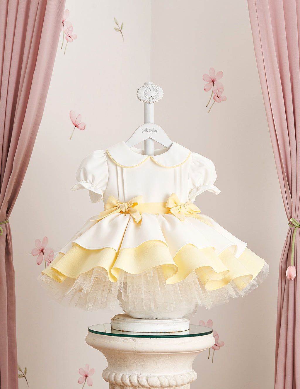 Yellow Detail Double Skirt Embroidered Dress