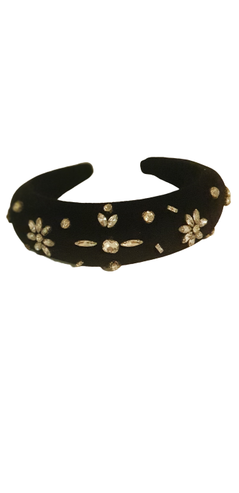 Designer Headband Black Velvet Crystal Flowers