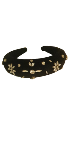 Designer Headband Black Velvet Crystal Flowers