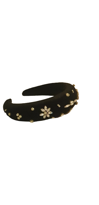 Designer Headband Black Velvet Crystal Flowers