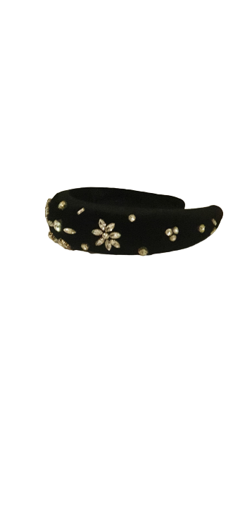 Designer Headband Black Velvet Crystal Flowers