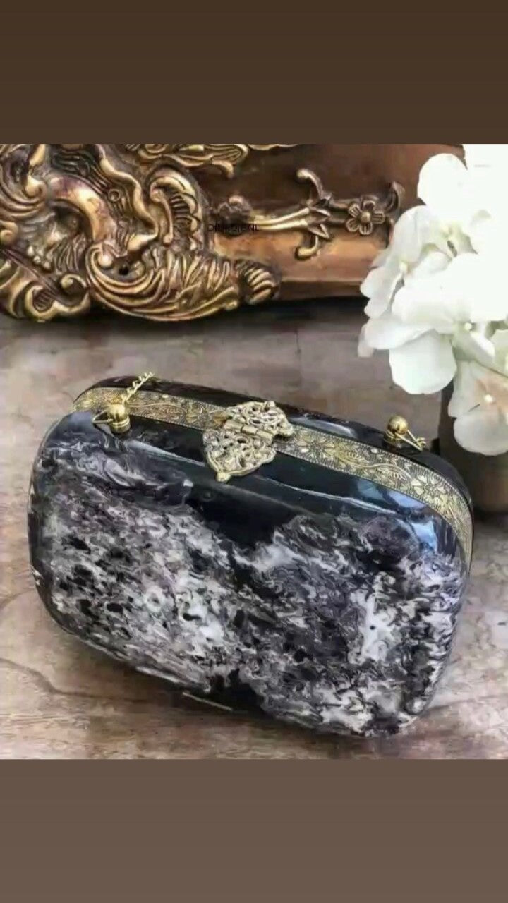 Black Grey Designer Marble Clutch Bag