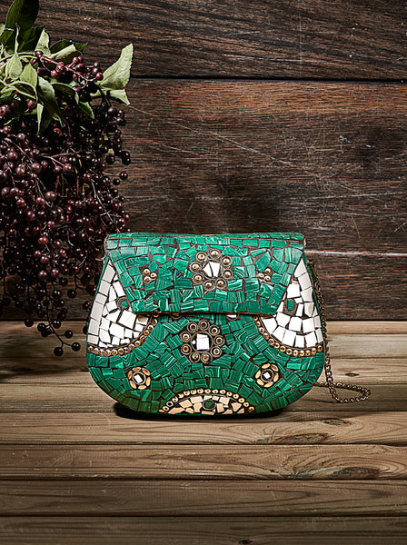 Green White Designer Mosaic Clutch Bag