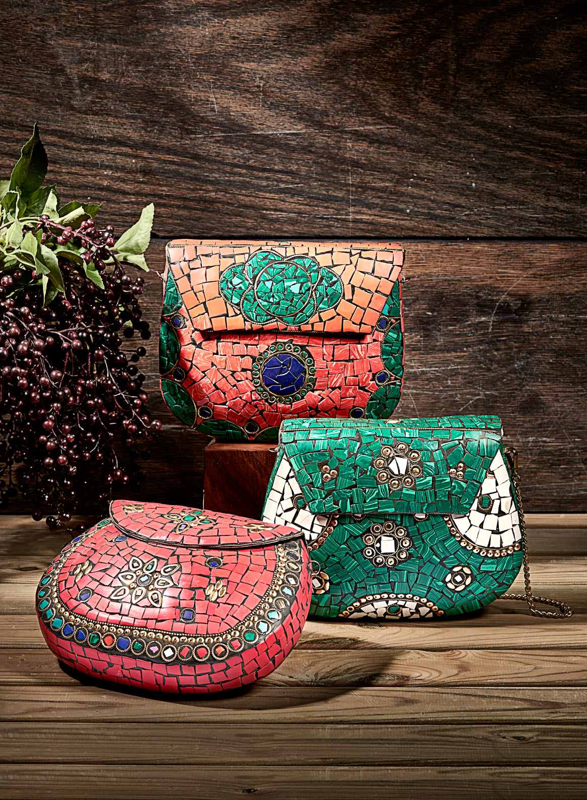 Green White Designer Mosaic Clutch Bag