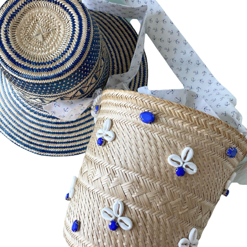 Designer Bucket Bag White & Blue Crystal