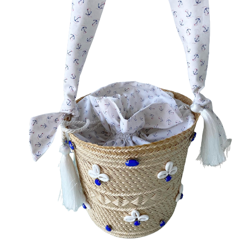 Designer Bucket Bag White & Blue Crystal