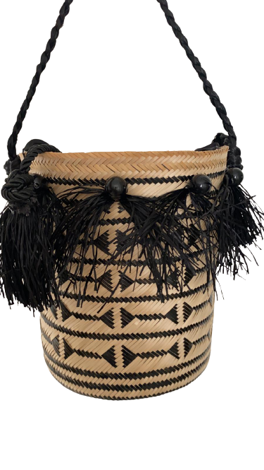 Designer Bucket Bag Black Fringed