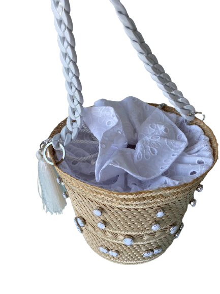 Designer Bucket Bag White Crystal