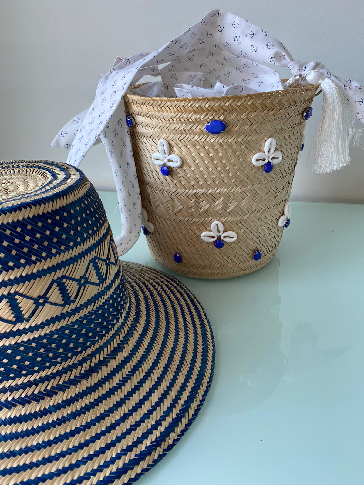 Designer Bucket Bag White & Blue Crystal