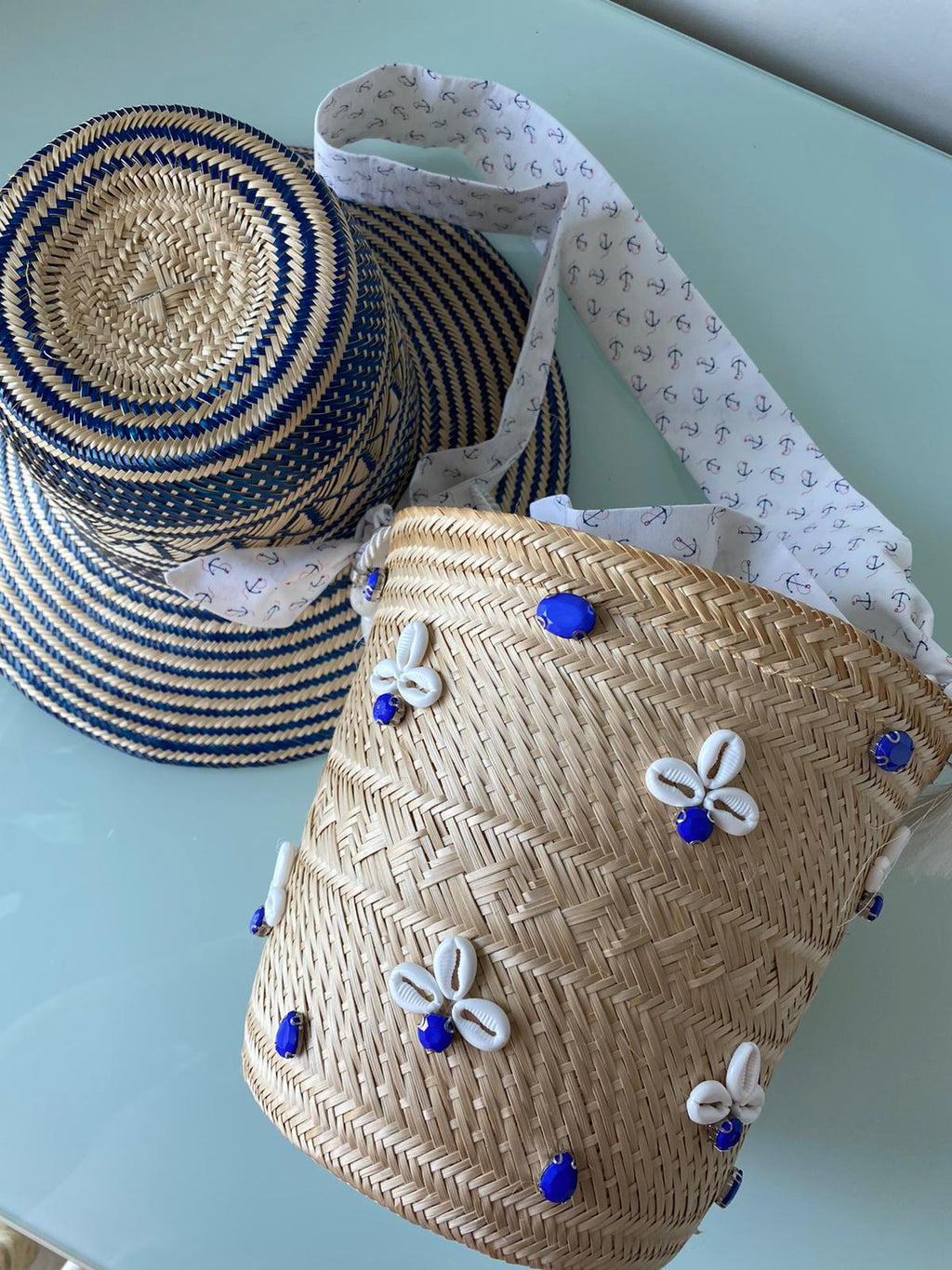 Designer Bucket Bag White & Blue Crystal