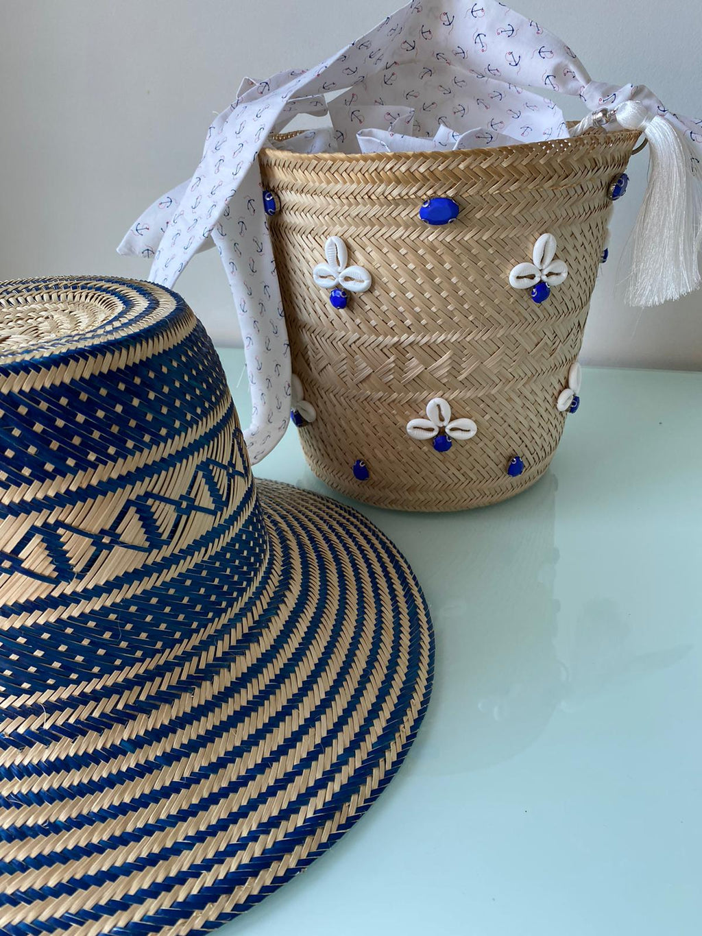 Designer Bucket Bag White & Blue Crystal