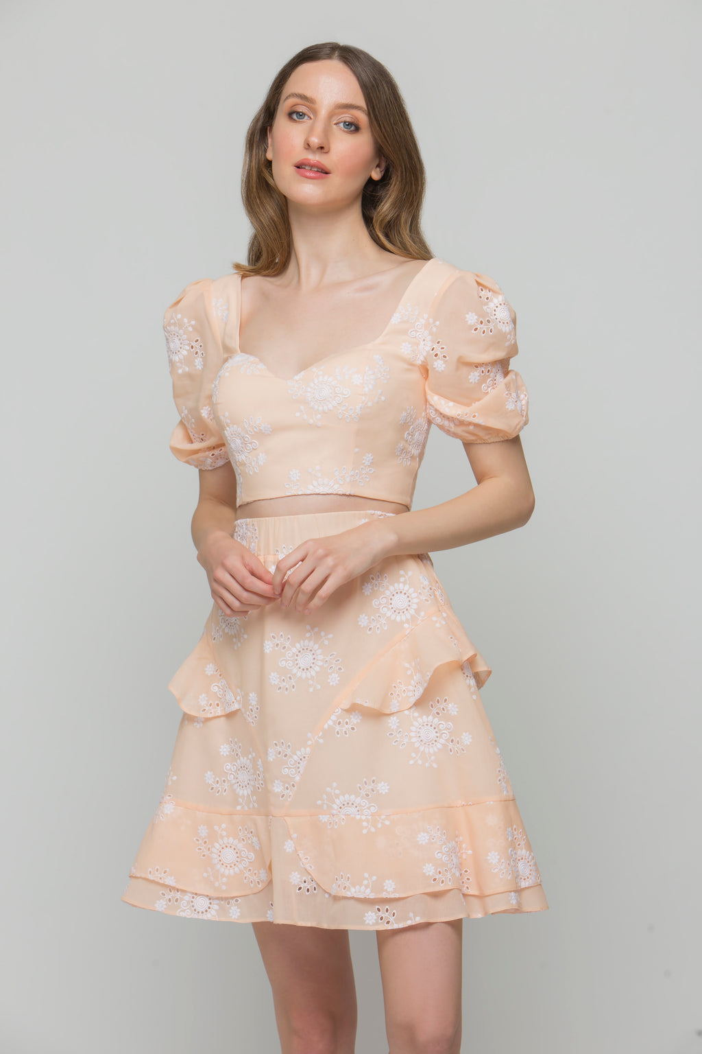 Seaside Whisper Peach Designer Crop Top & Skirt