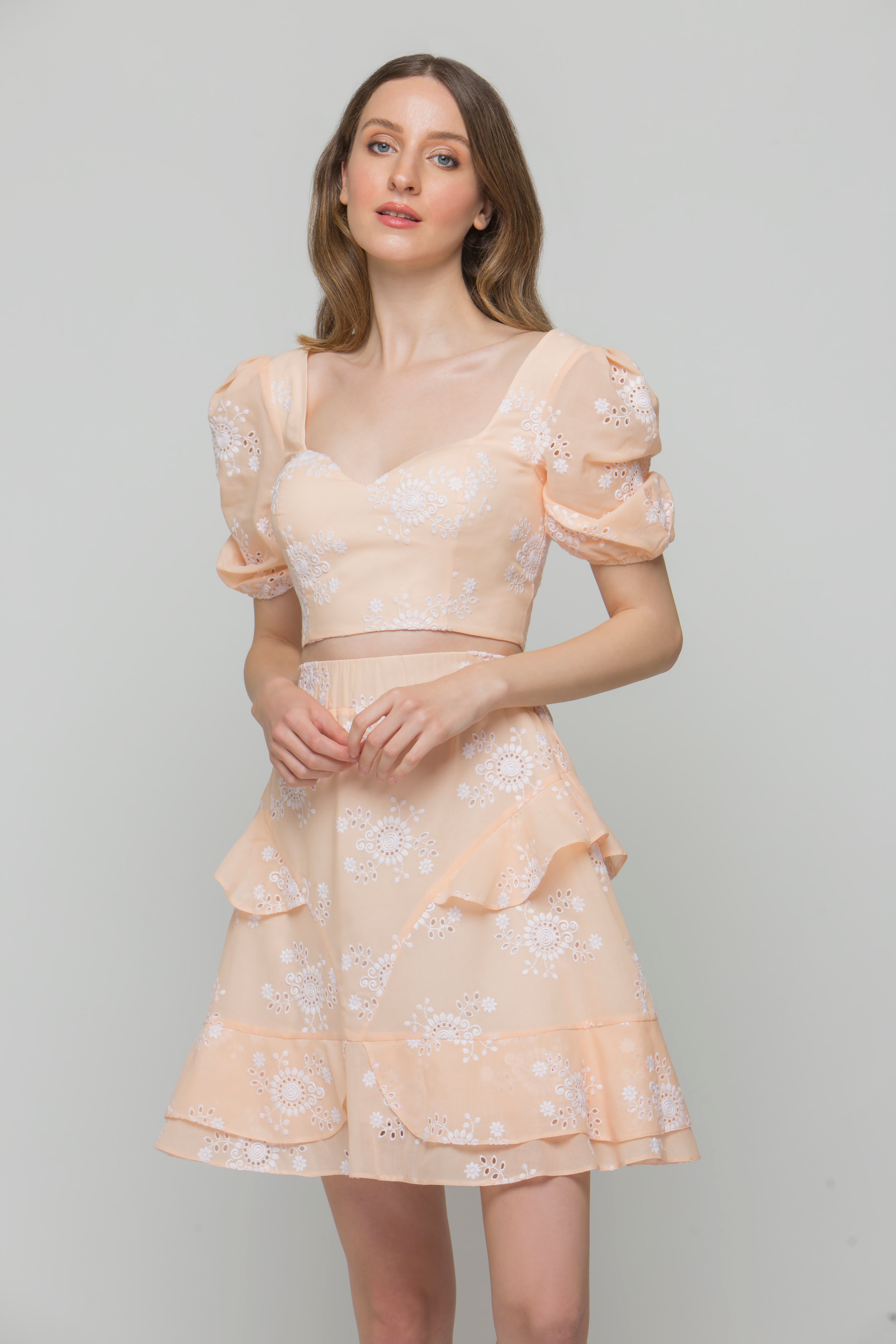 Seaside Whisper Peach Designer Crop Top & Skirt