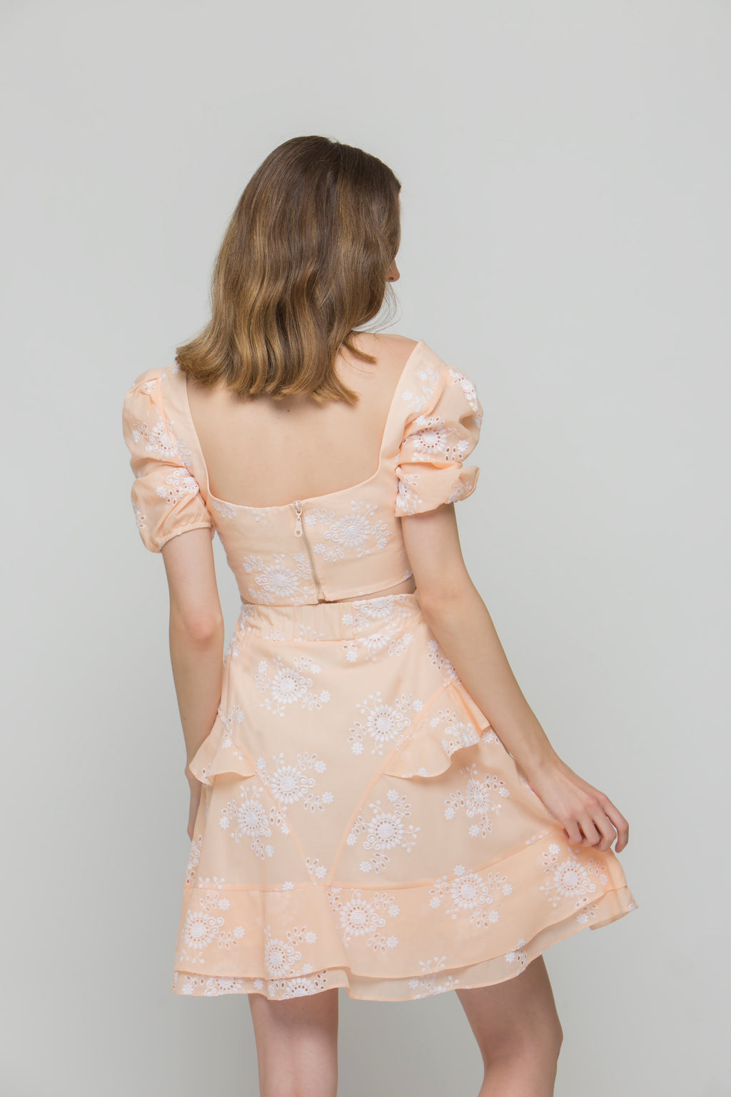 Seaside Whisper Peach Designer Crop Top & Skirt