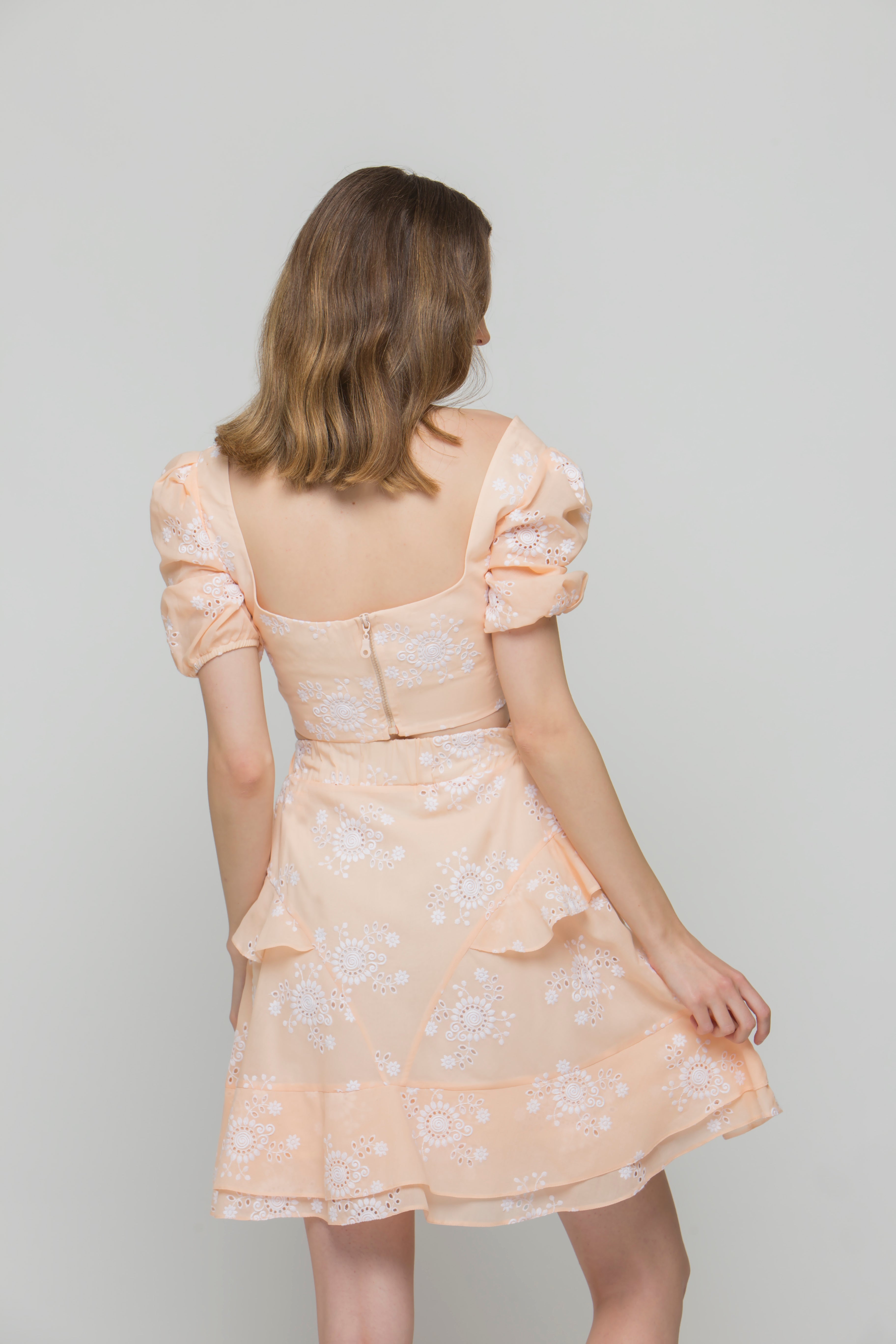 Seaside Whisper Peach Designer Crop Top & Skirt