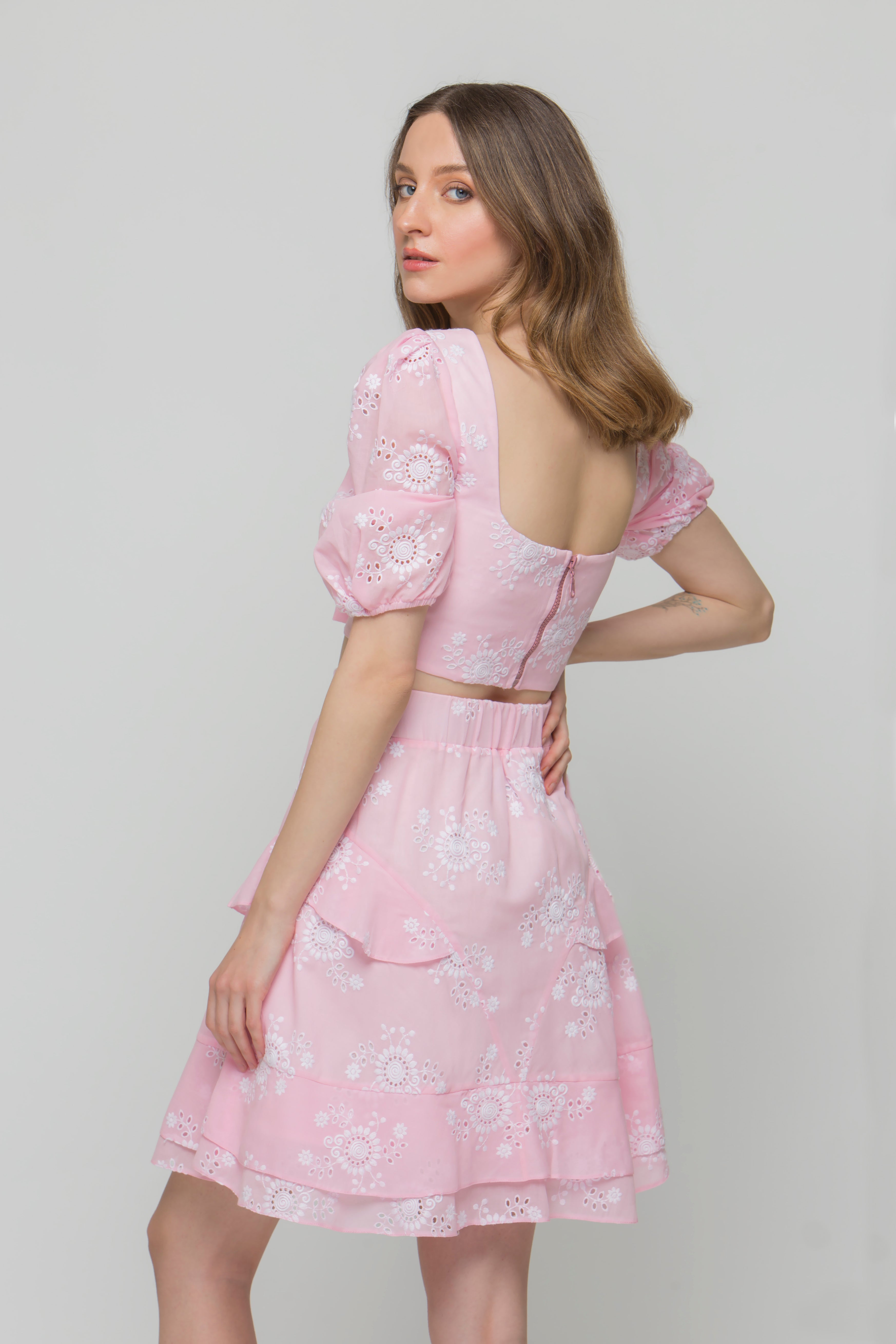 Seaside Whisper Baby Pink Designer Crop Top & Skirt