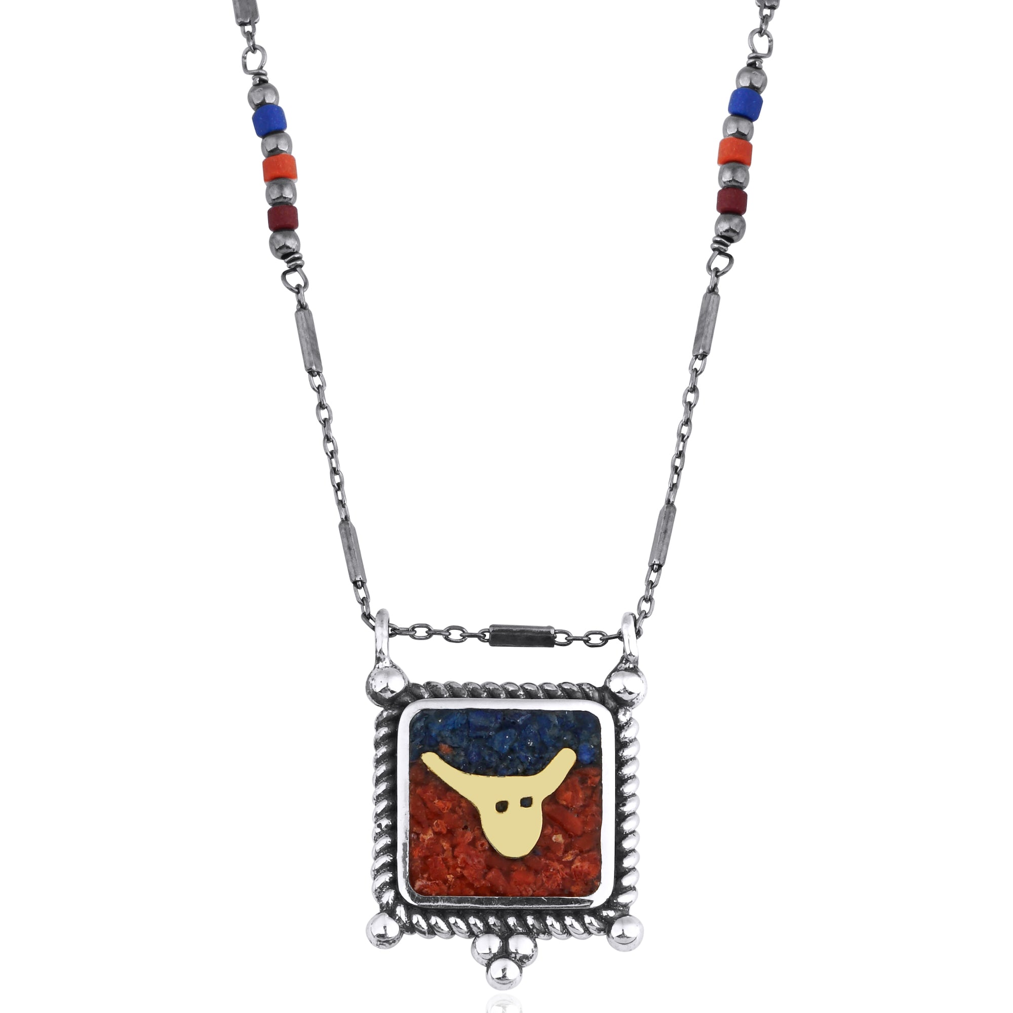 Lapis&Coral Bull Necklace