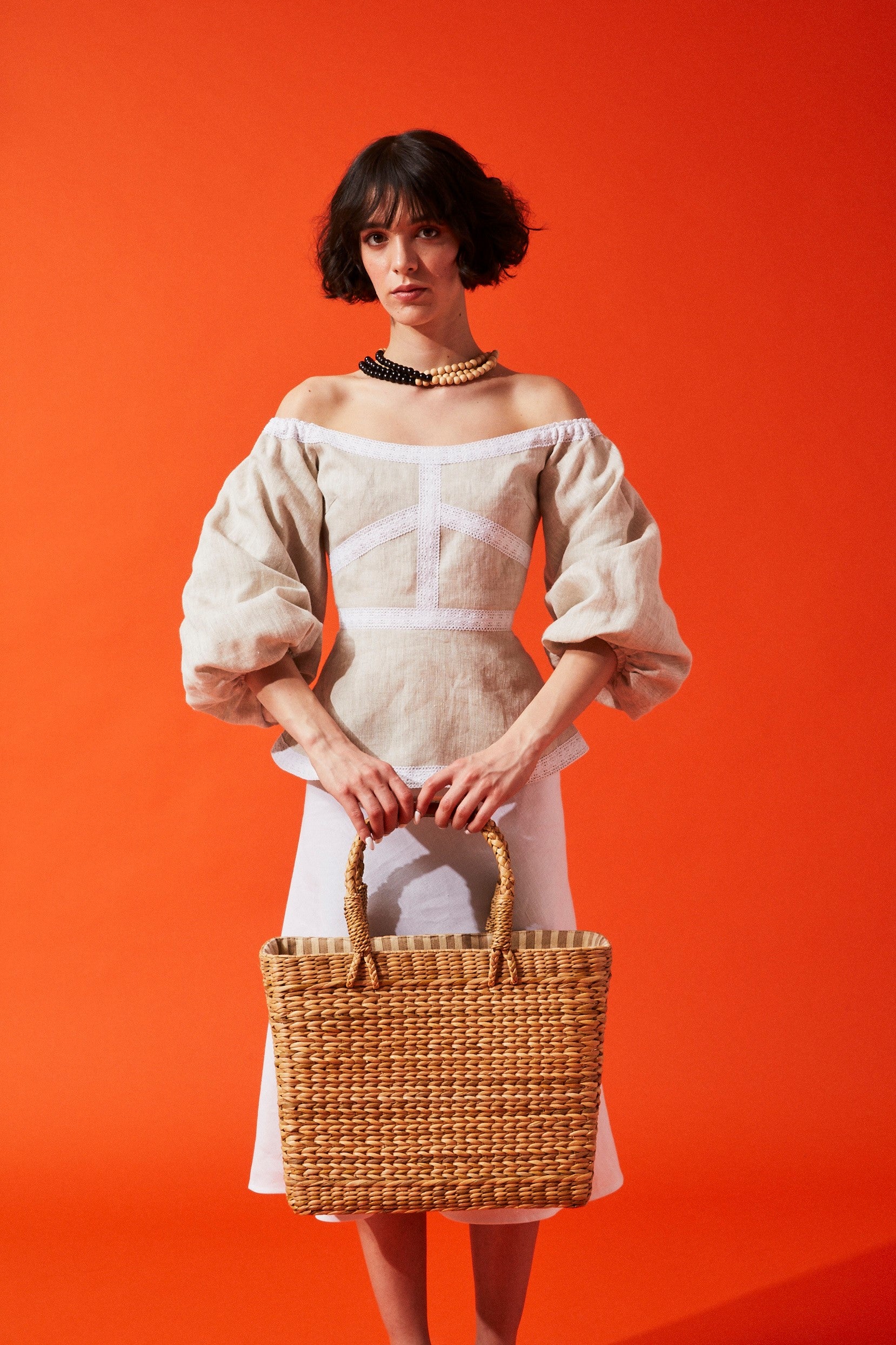 White & Beige Designer Wide Strips Straw Bag