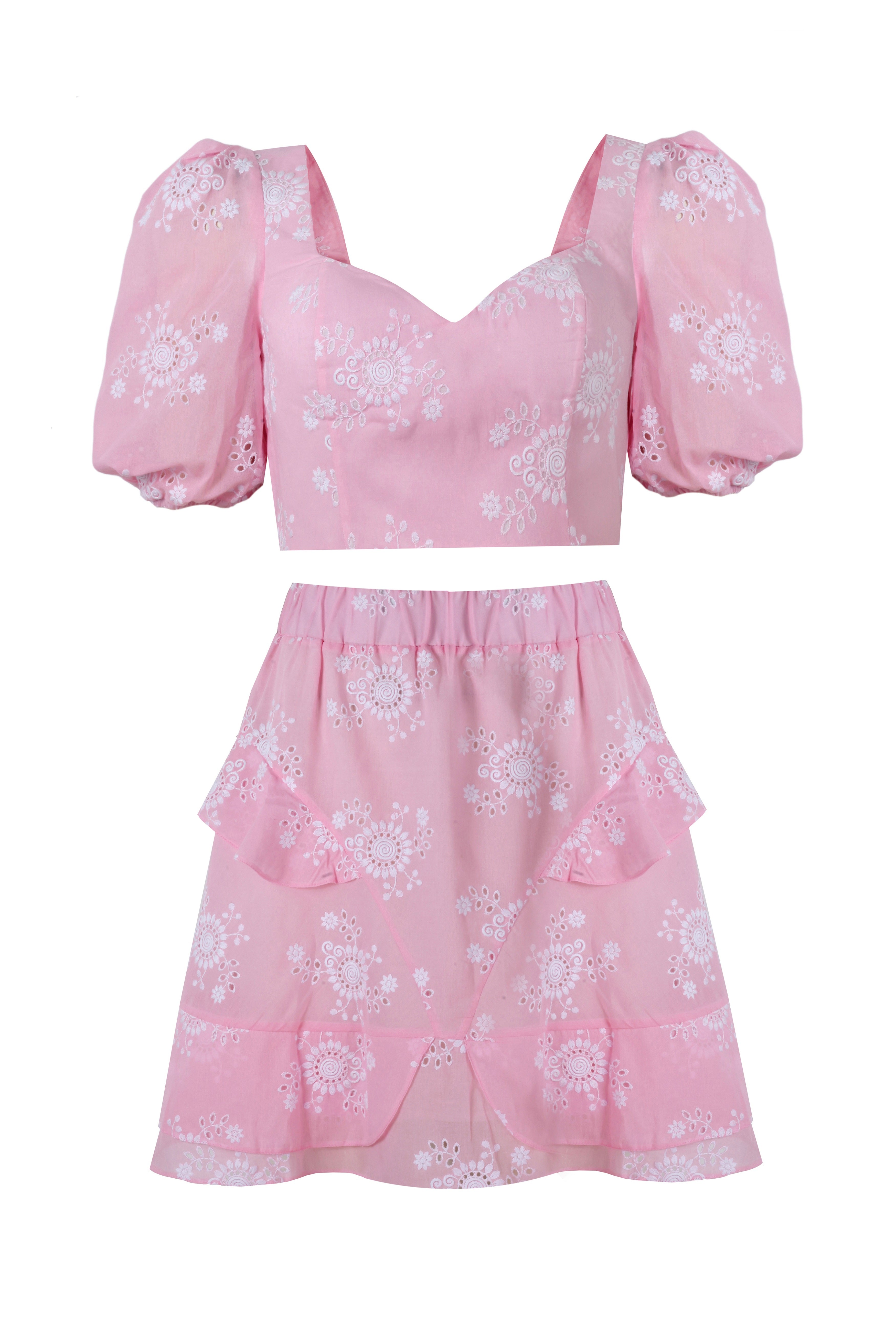 Seaside Whisper Baby Pink Designer Crop Top & Skirt