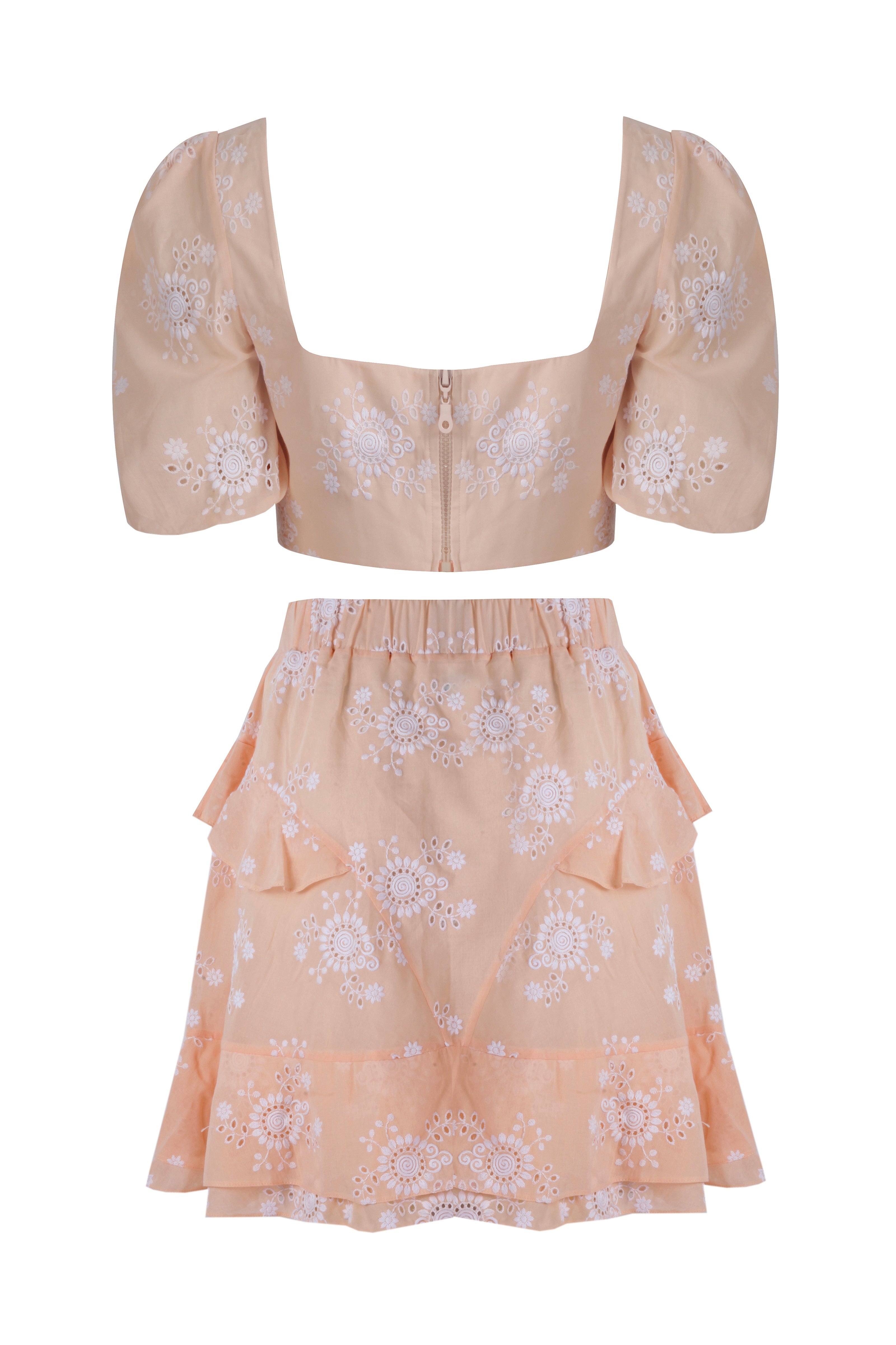 Seaside Whisper Peach Designer Crop Top & Skirt