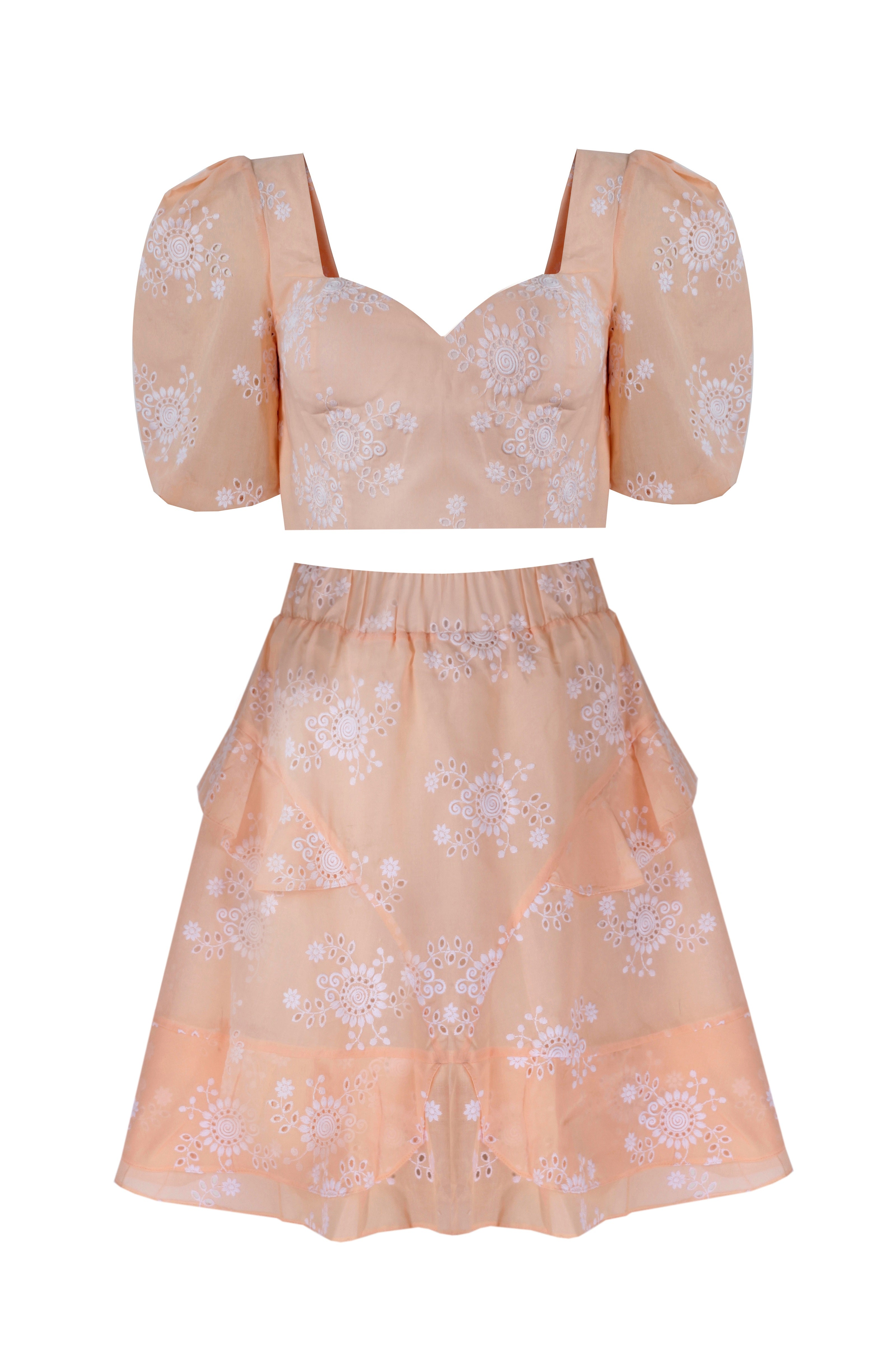 Seaside Whisper Peach Designer Crop Top & Skirt