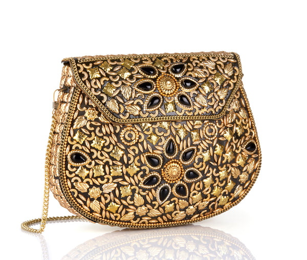 Gold Black Stone Designer Mosaic Clutch Bag