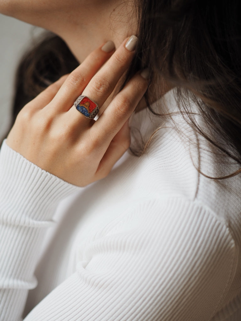 Lapis&Coral Bull Filigree Ring