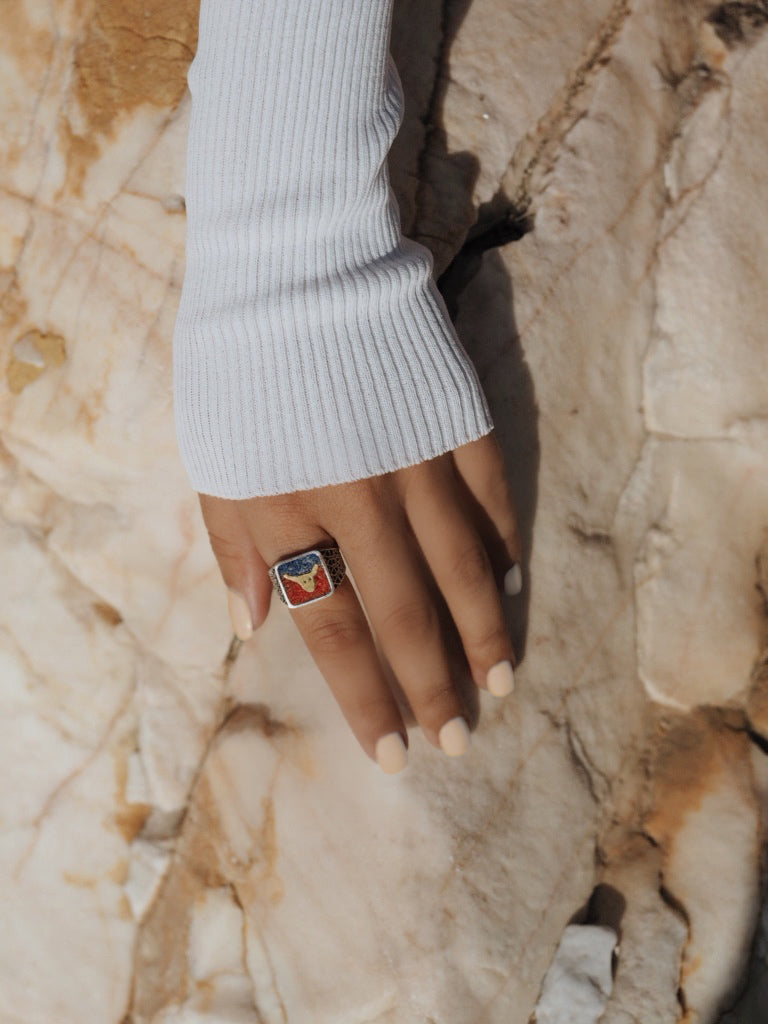 Lapis&Coral Bull Filigree Ring