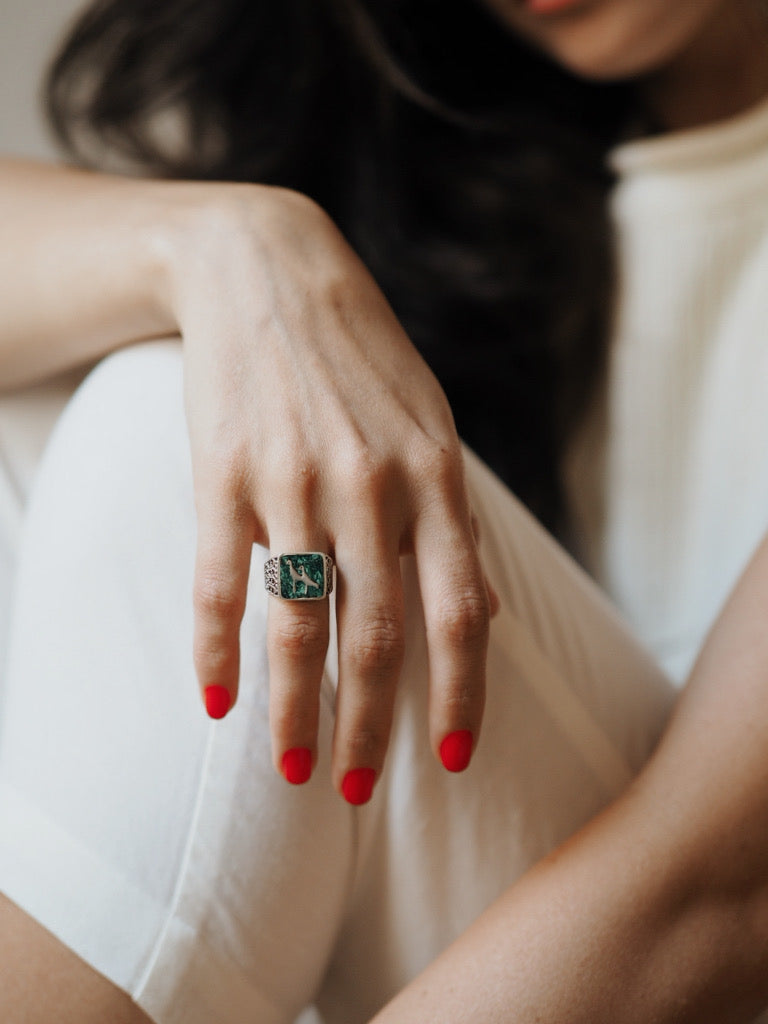 Malachites Crane Filigree Ring