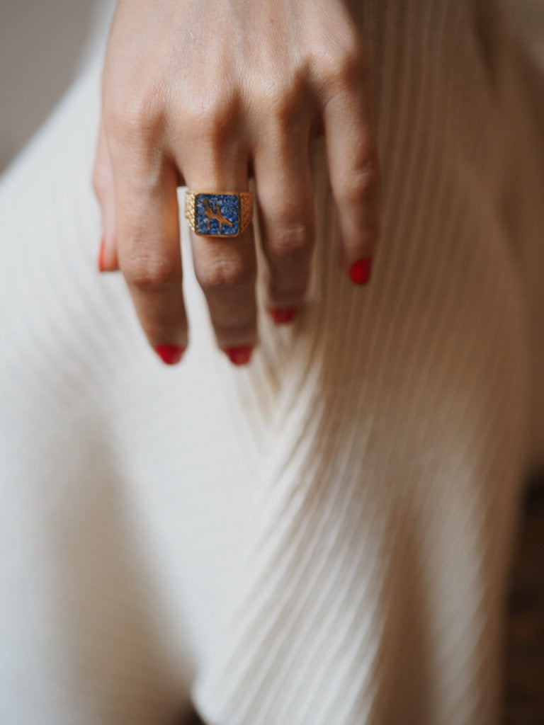 Lapis Crane Filigree Ring