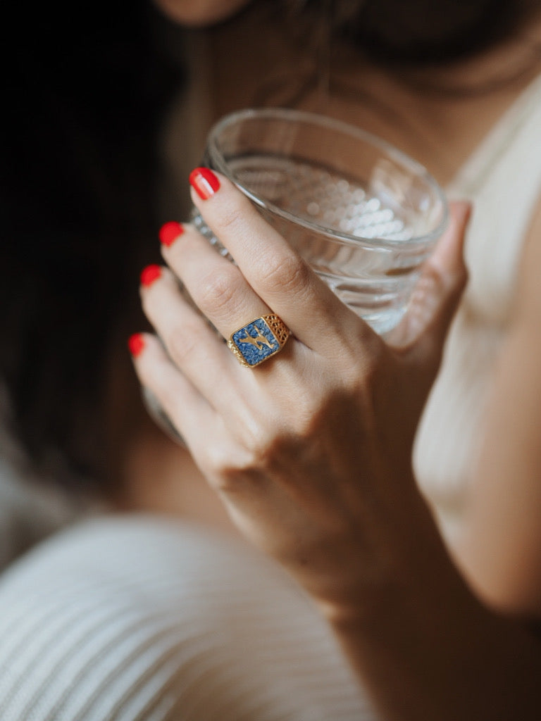 Lapis Crane Filigree Ring