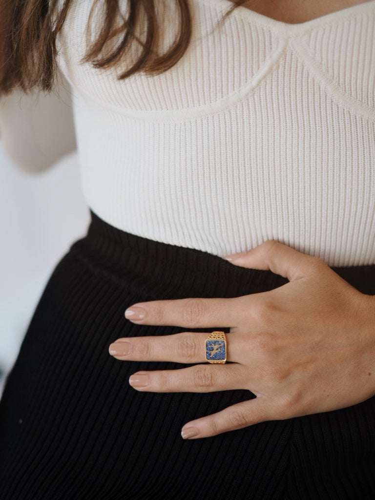 Lapis Crane Filigree Ring