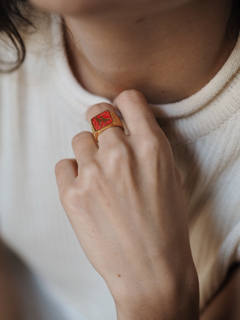 Coral Crane Filigree Ring