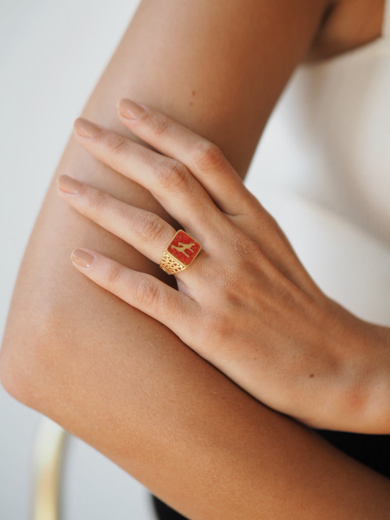 Coral Crane Filigree Ring