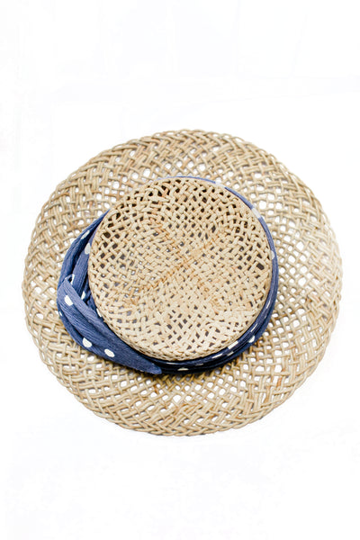 Designer Straw Polka Dot Blue Hat
