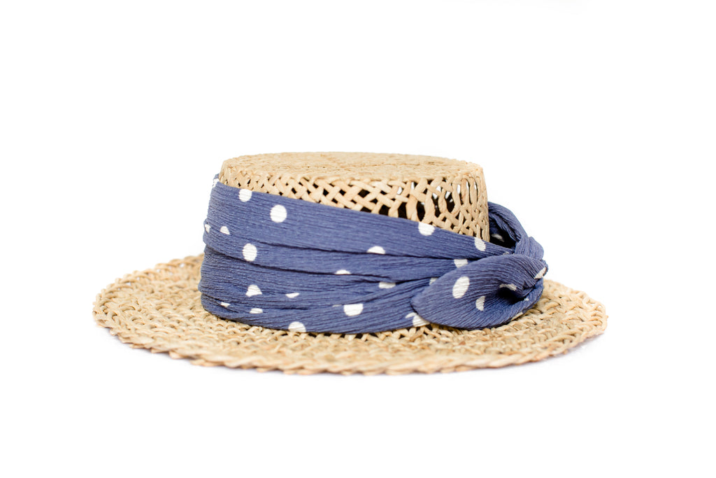 Designer Straw Polka Dot Blue Hat