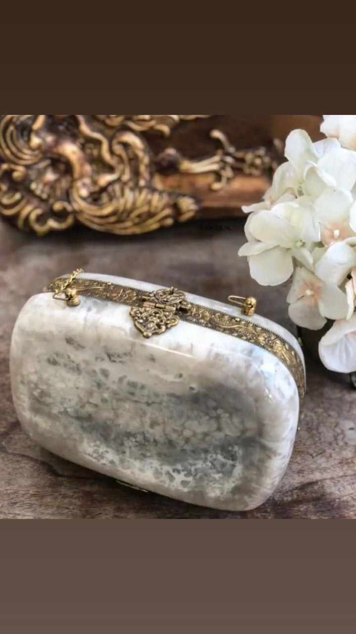 White Grey Designer Marble Clutch Bag - Main Image